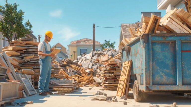 Man with clipboard overseeing junk removal from a construction site