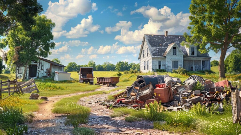 Rural home with a pile of items ready for junk removal