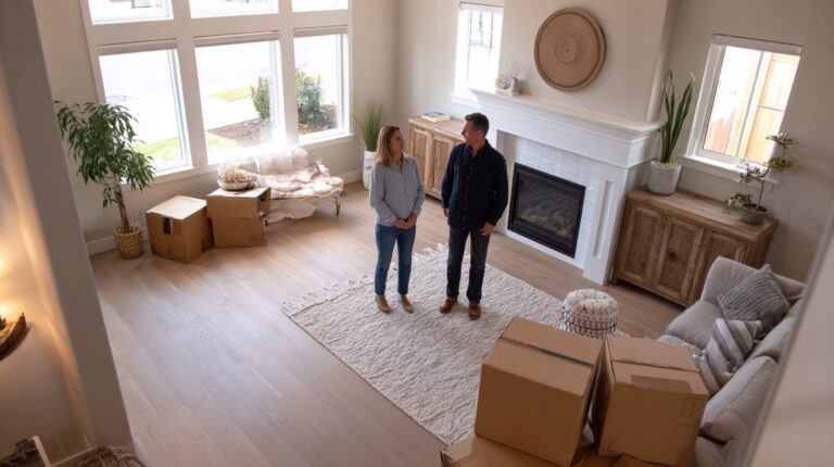 Homeowner and real estate agent in a recently cleaned out property
