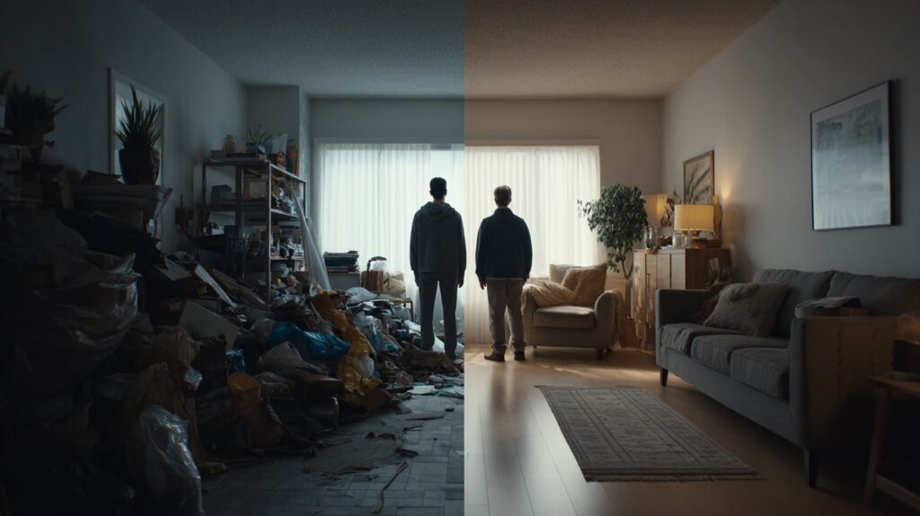 Two men looking out a living room window. Half the room is disorganized with junk to remove, the other clean and organized