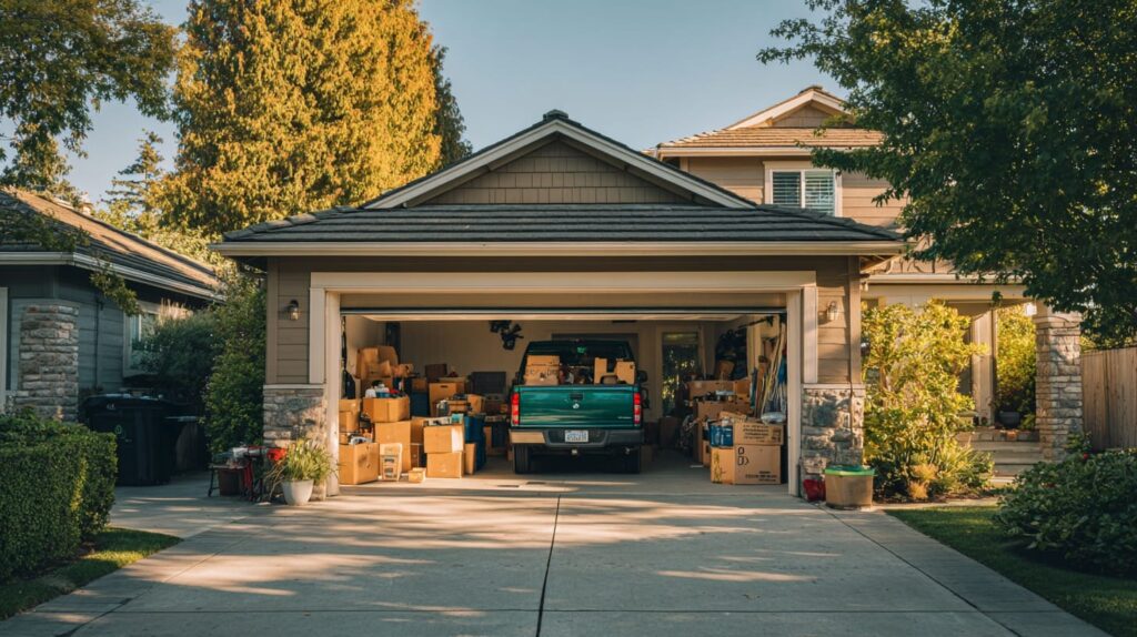 Suburban home with garage open revealing many boxes that could be part of a junk removal.