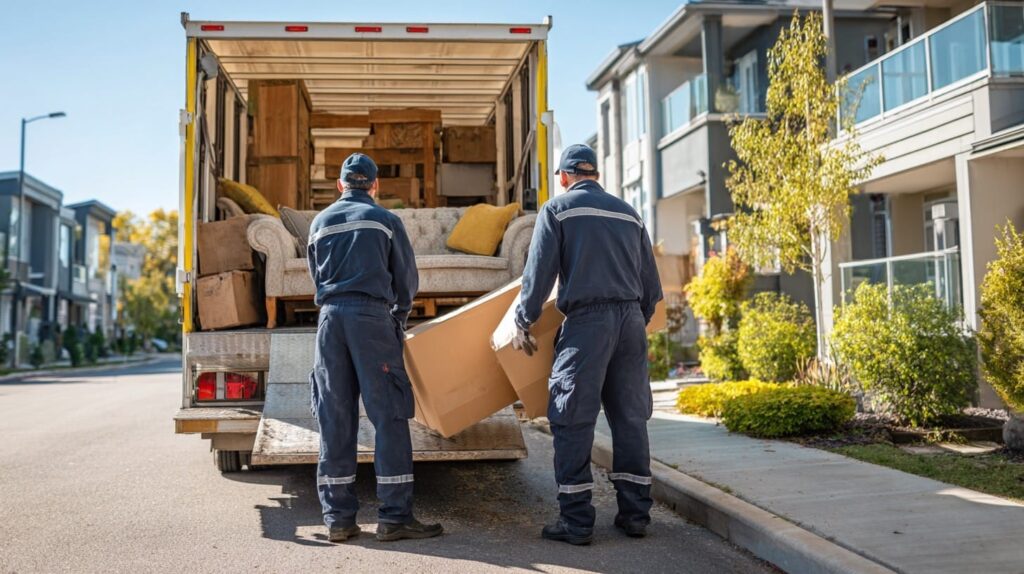 Two uniformed junk removal workers loading boxes into a box truck.