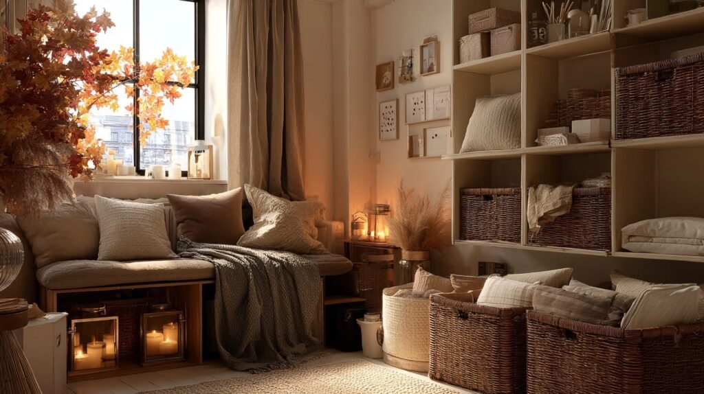Living room in neutral and fall colors after a decluttering