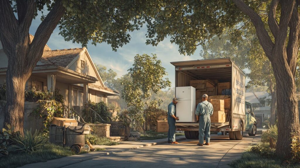 Two men in overalls loading appliances into a truck