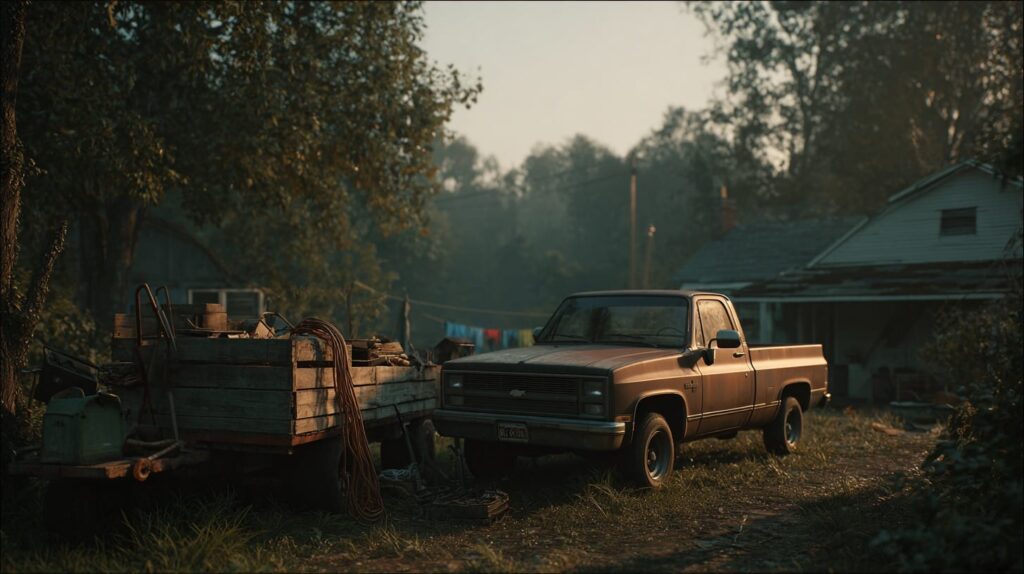 Pickup truck parked in yard of a rural household near a pile of junk to be removed