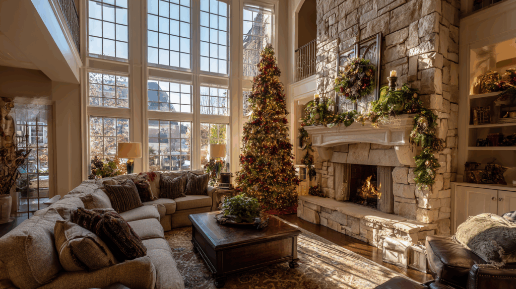Holiday decorated living room after a decluttering