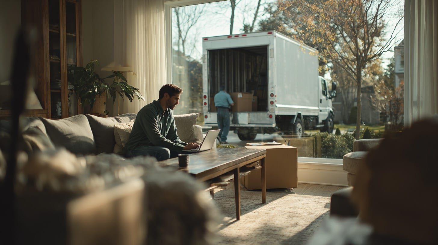 relaxed homeowner sits working on laptop as junk is removed
